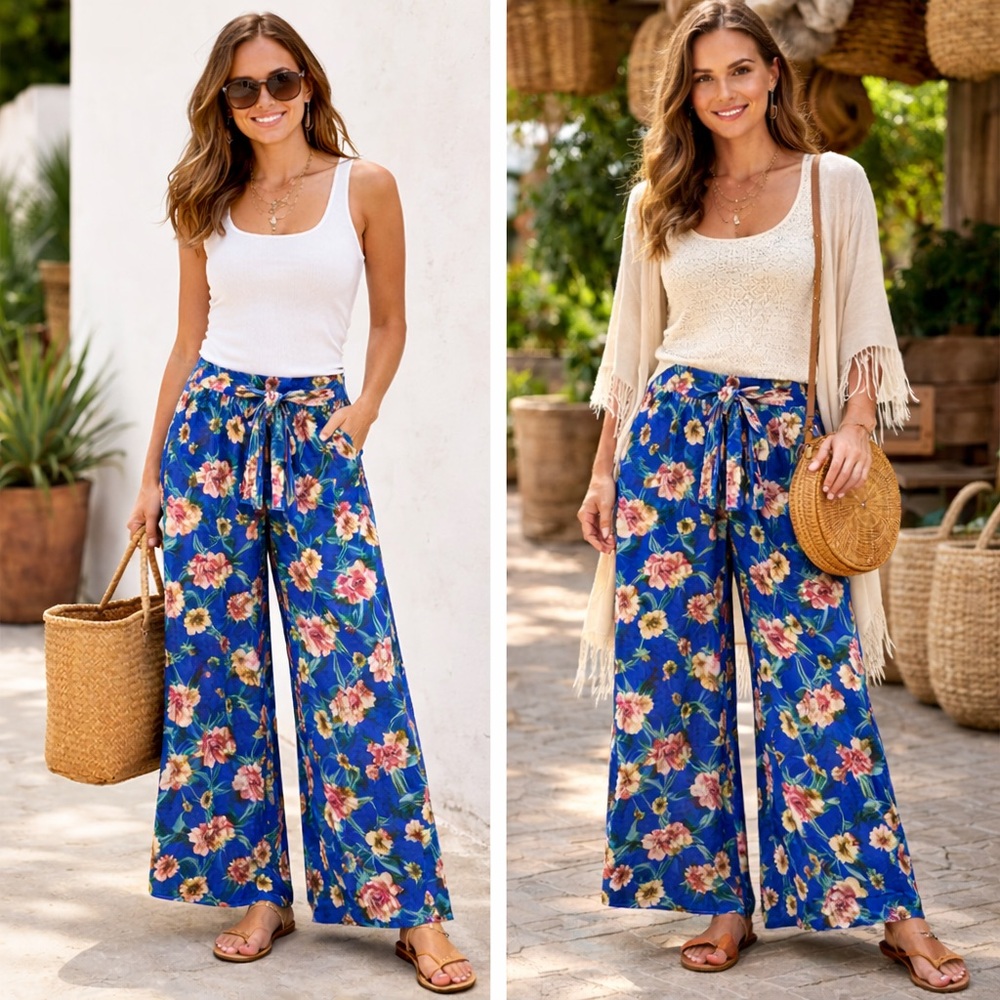 New Look Floral Wide Leg Pants - Blue and Pink